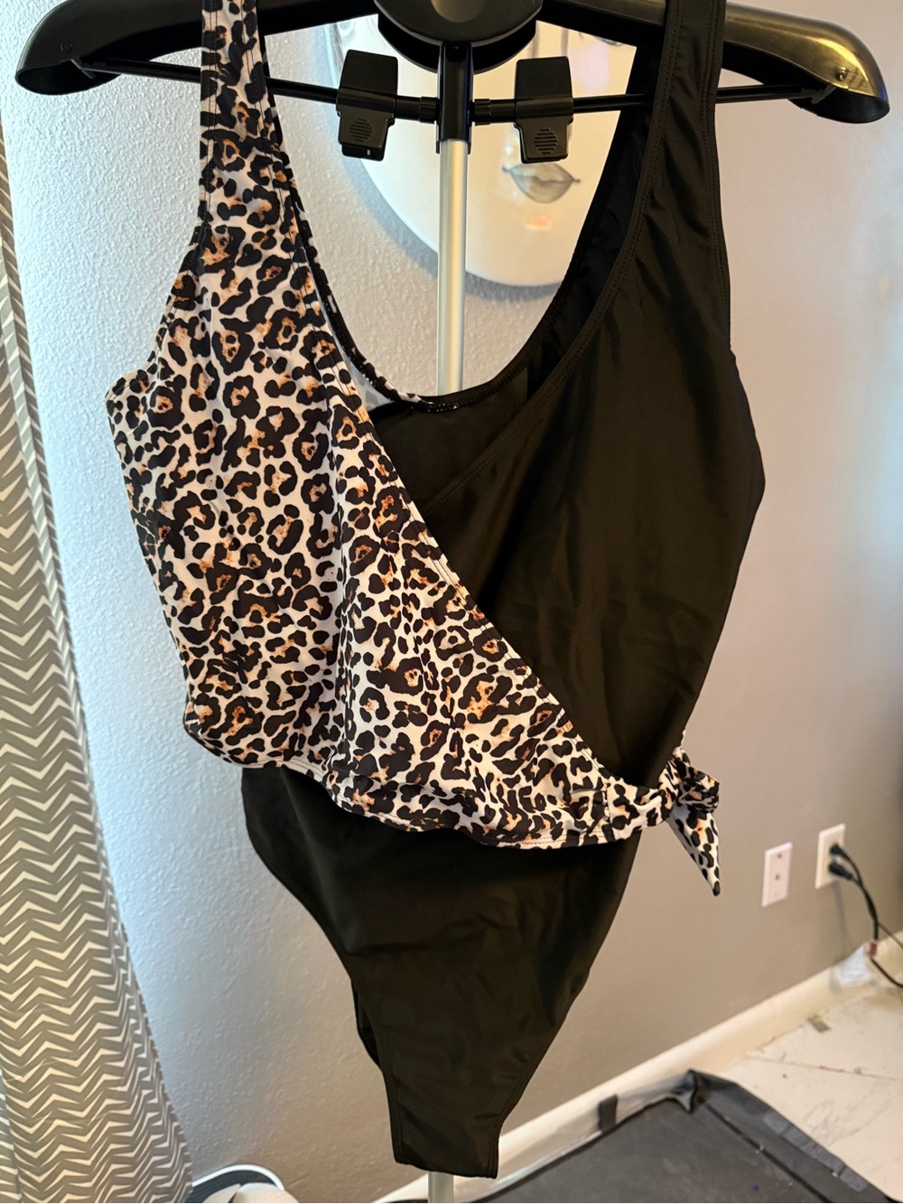 Black One-Piece Women’s Top with Leopard Print Accent. #17